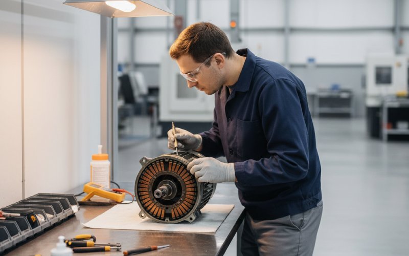 Technician inspecting DC motor