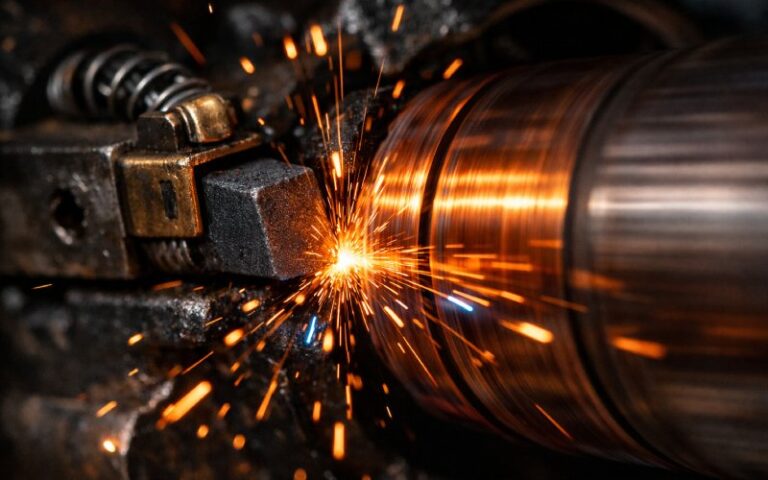 Photo d'action d'un commutateur de moteur à courant continu produisant d'importantes étincelles pendant son fonctionnement