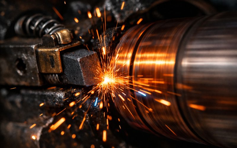 Action shot of a DC motor commutator sparking heavily during operation