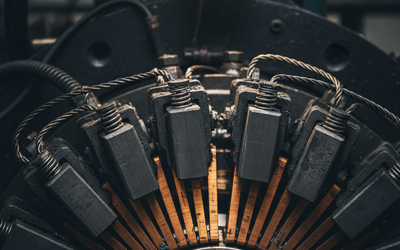 Carbon brushes mounted on a copper commutator