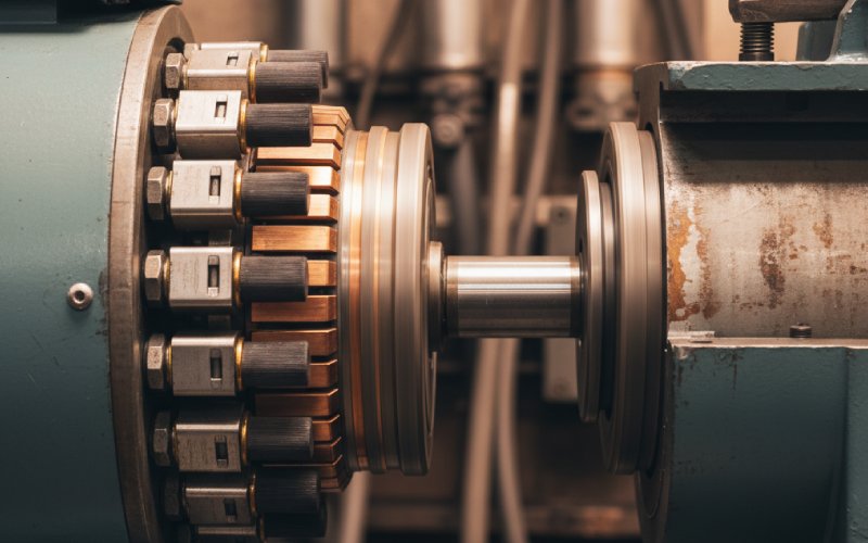 Carbon brushes on commutator