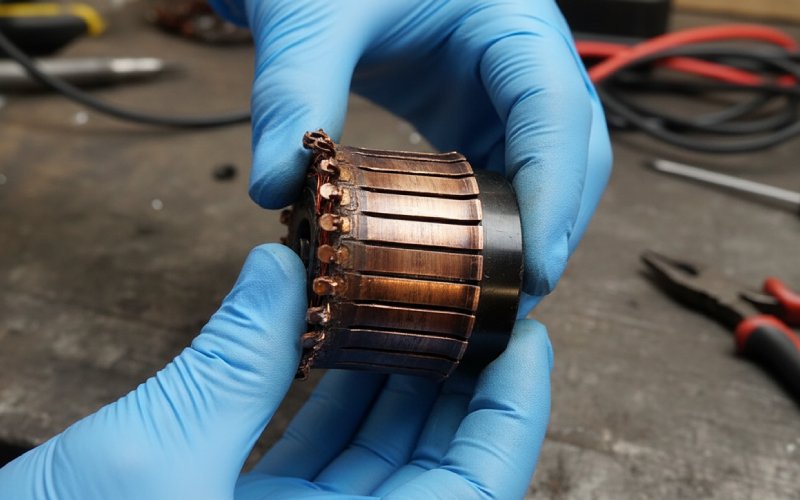 Close-up commutator being resurfaced