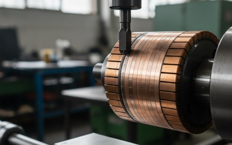 Close-up of commutator being turned