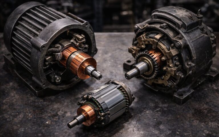 Collection of different commutator motor types on a workbench