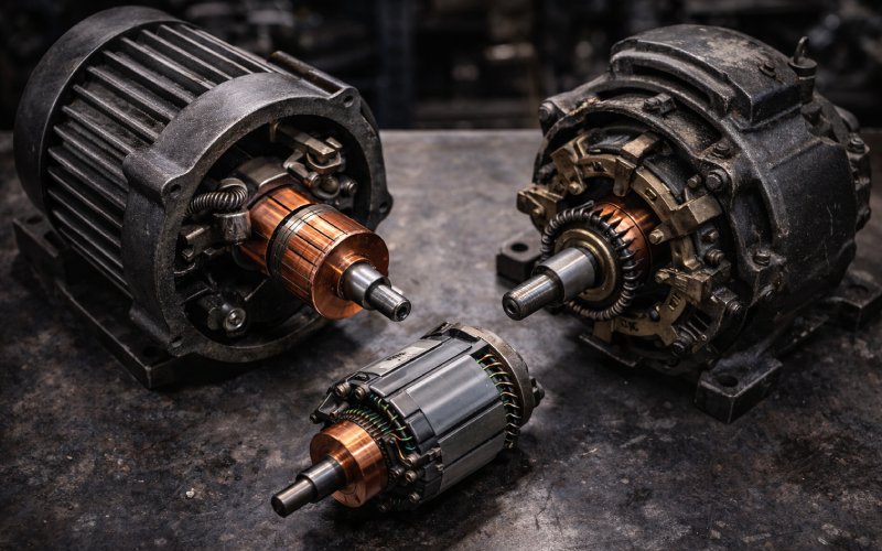 Collection of different commutator motor types on a workbench