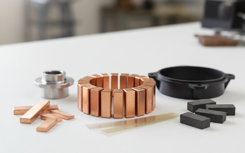 Commutator materials laid out on bench
