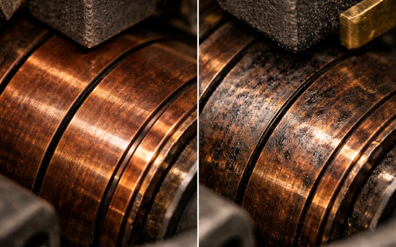 Commutator surface showing signs of contamination and uneven film wear