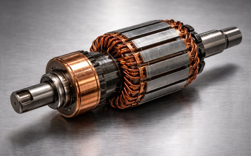 DC motor armature featuring copper windings and steel core