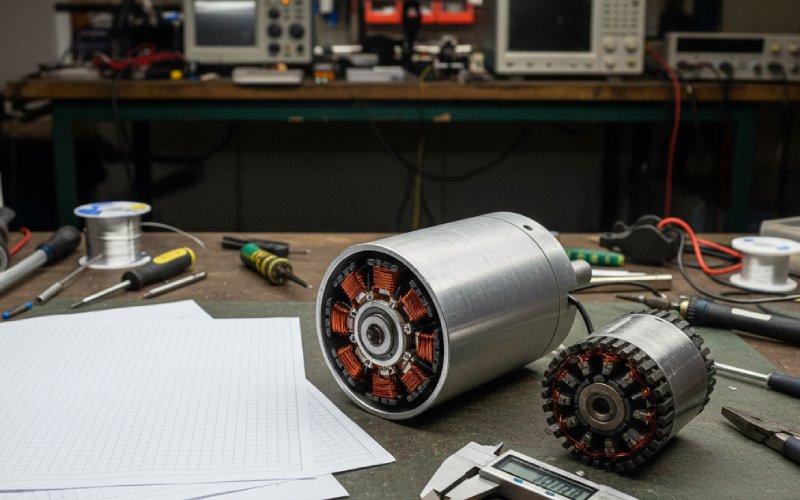 Disassembled DC motor on bench