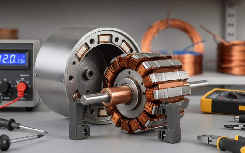 Disassembled DC motor on bench