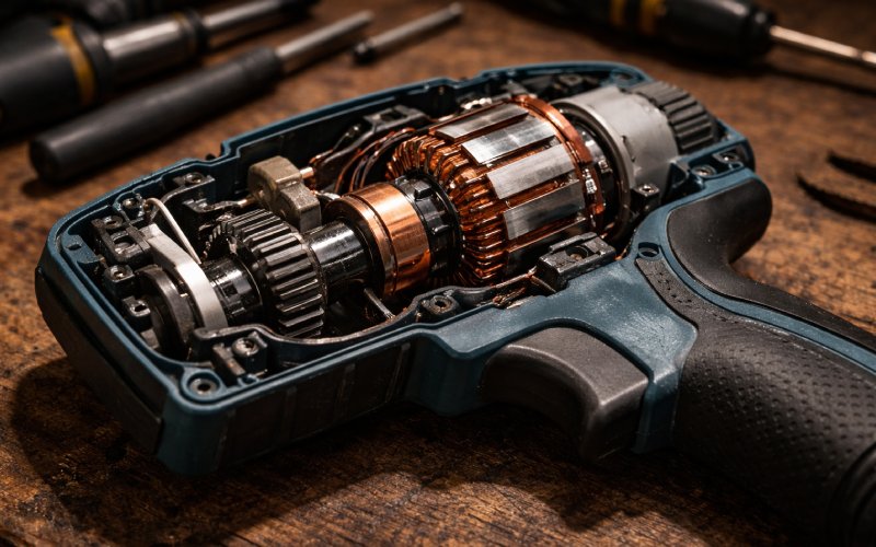 Disassembled power tool on a workbench revealing the internal DC motor
