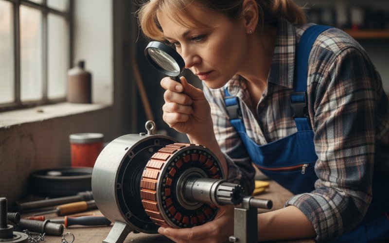 Electrician inspecting commutator motor