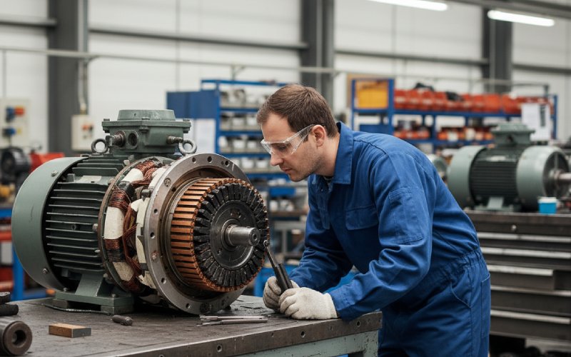 Engineer inspecting DC motor commutator