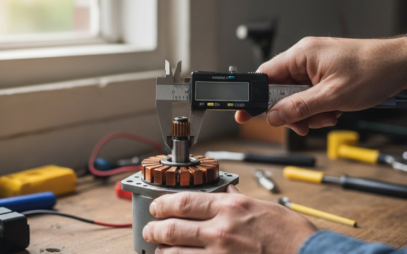 Engineer measuring DC motor commutator