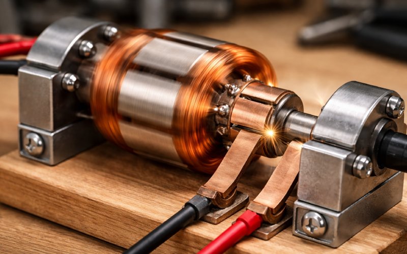 Handmade DC motor spinning with motion blur and brush contact