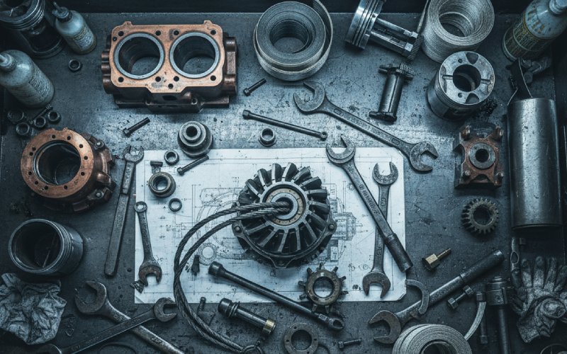 Heavy industrial components arranged on a repair workbench
