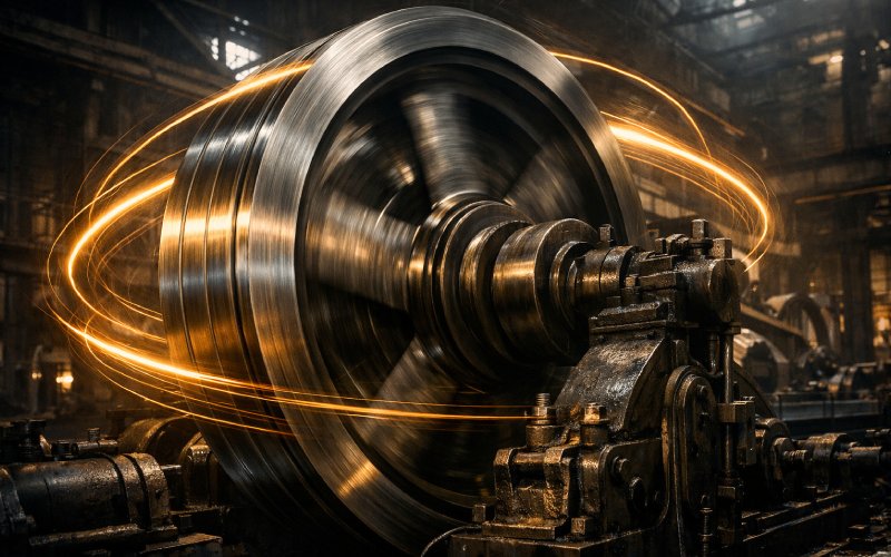 Industrial flywheel spinning with continuous kinetic energy