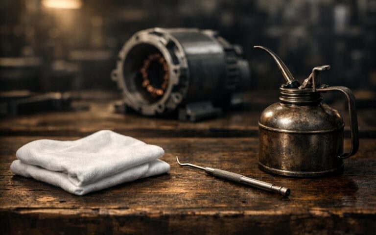 Industrial workbench with cleaning rag, tools, and oil can near a motor