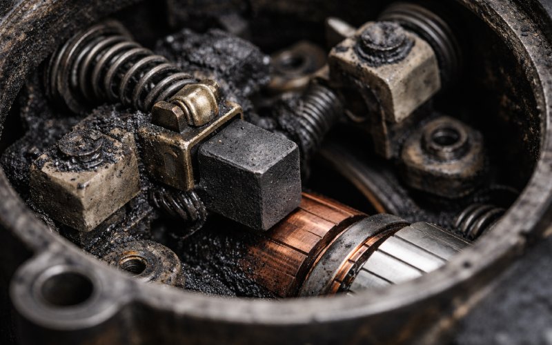 Internal view of a DC motor brush assembly covered in carbon dust and grime