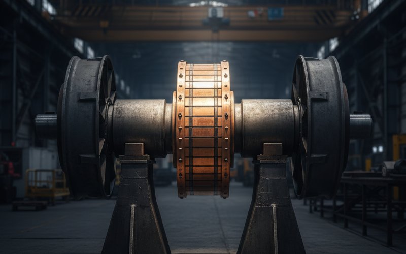 Large DC motor armature on factory stand