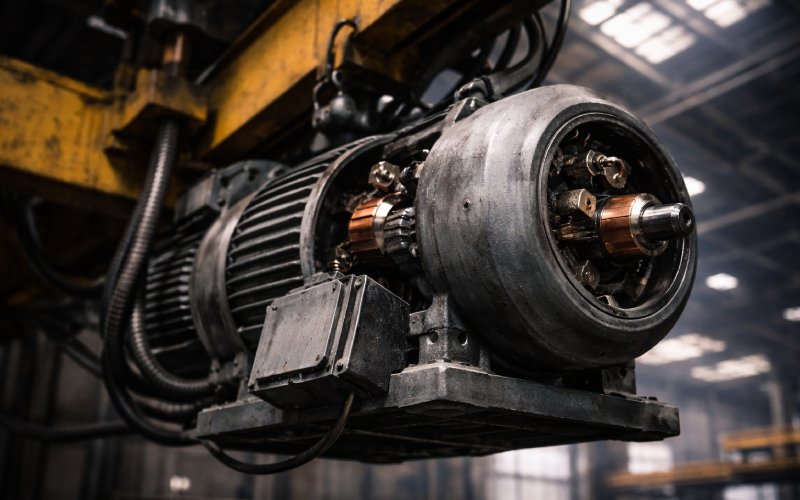 Large industrial DC motor mounted on heavy machinery