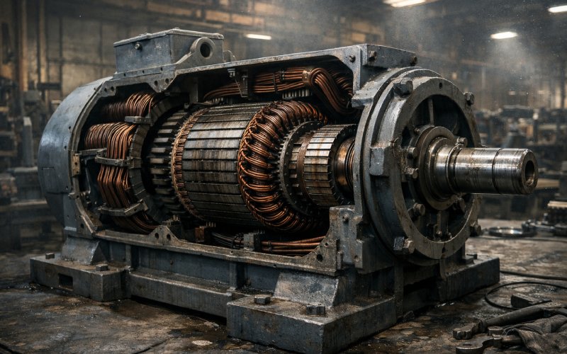 Large industrial electric motor with covers removed showing internal windings and armature