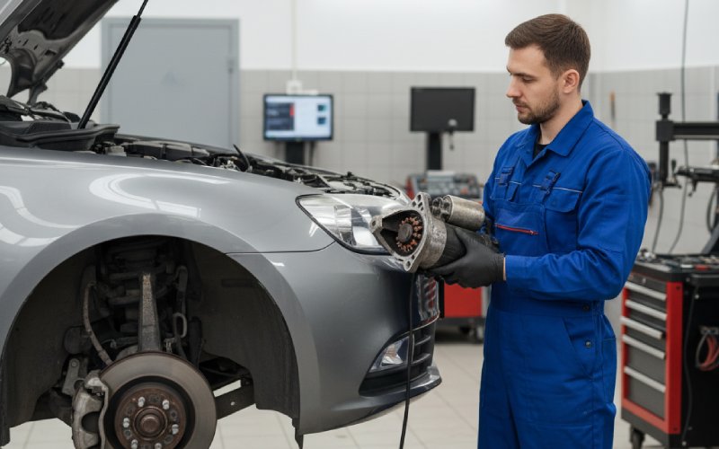 Mechanic holding removed starter