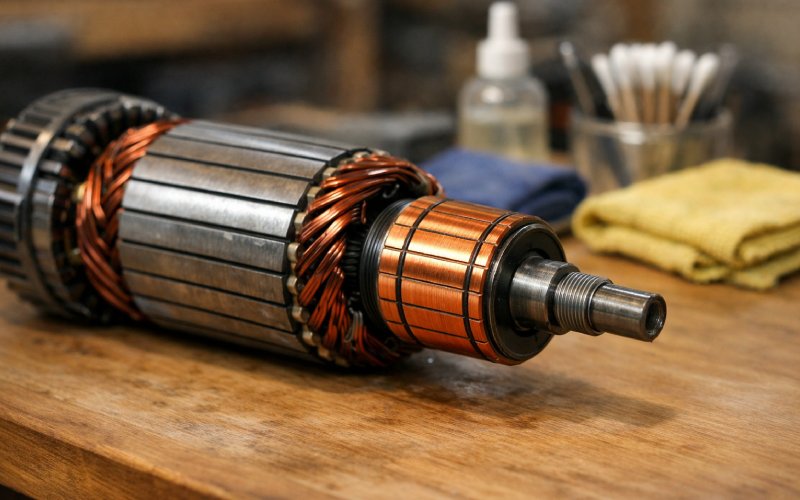 Motor armature on workshop bench