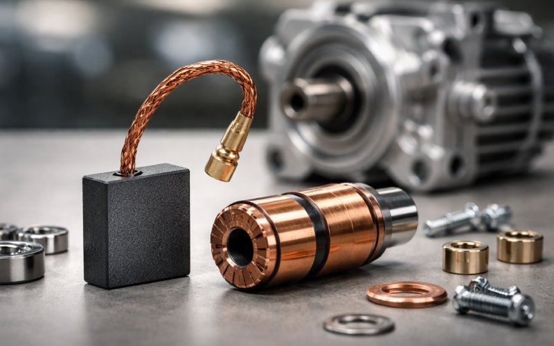New carbon motor brush with copper wire lead next to copper parts