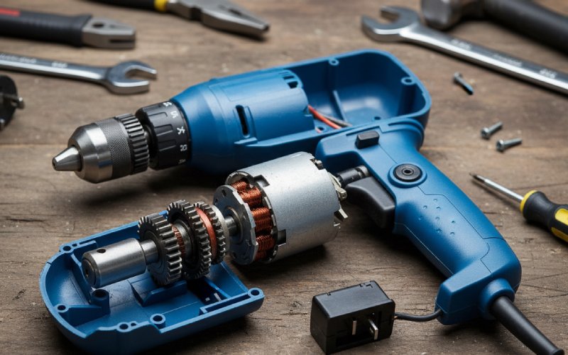 Opened drill showing commutator motor inside