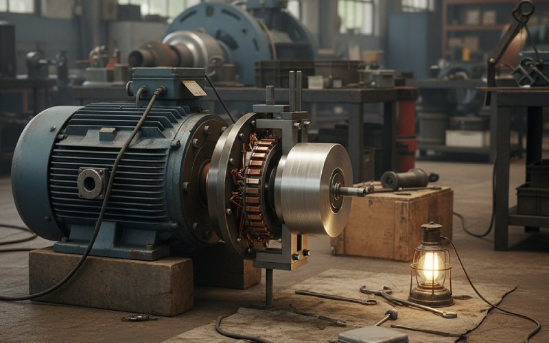 Portable commutator resurfacer on industrial motor