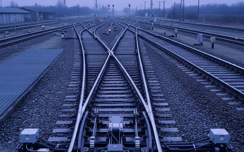 Railway track junction showing precise directional switching