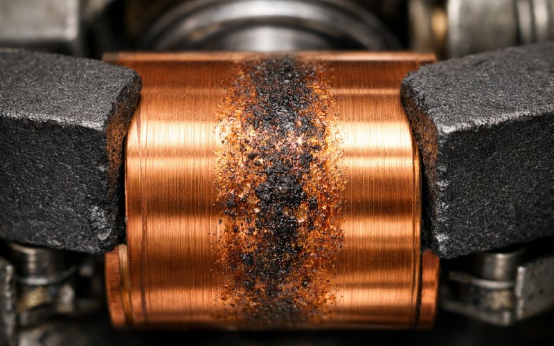 Solid continuous copper ring on a motor shaft with carbon brushes causing a short