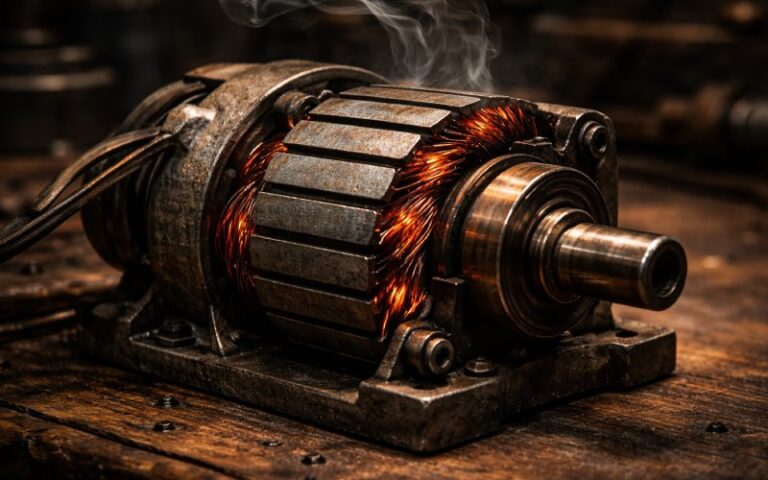 Stationary DC motor with glowing windings and smoke indicating overheating