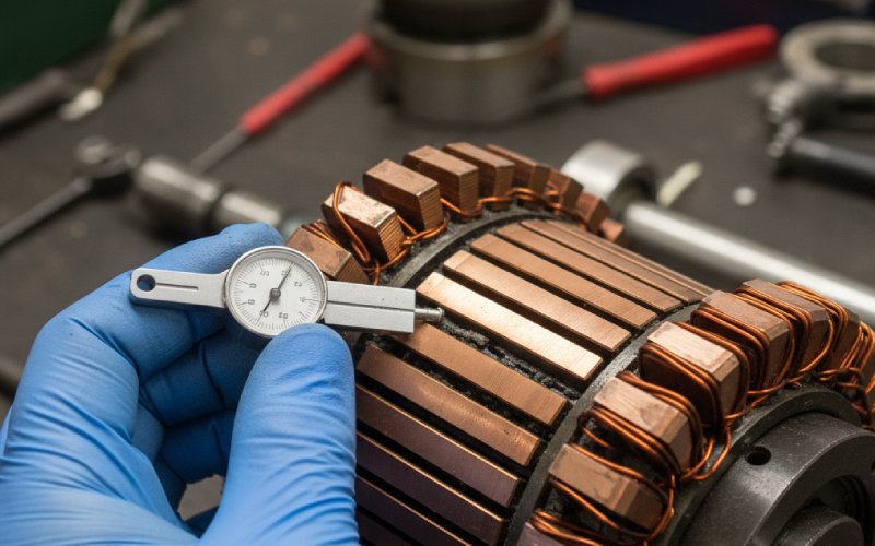 Technician inspecting DC motor commutator