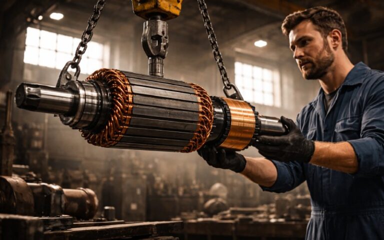 Technician inspecting a large suspended DC motor rotor in a workshop