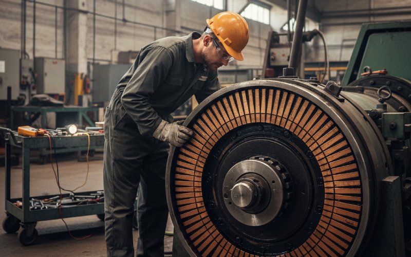 Technician inspecting commutator