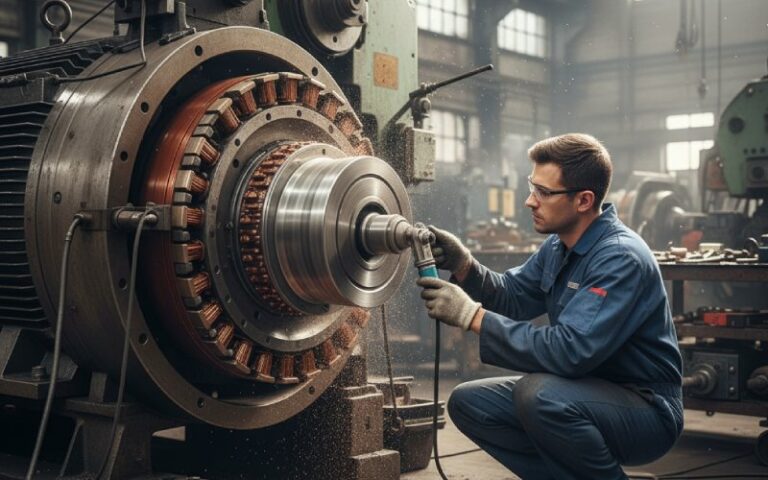 Technician resurfacing DC motor commutator