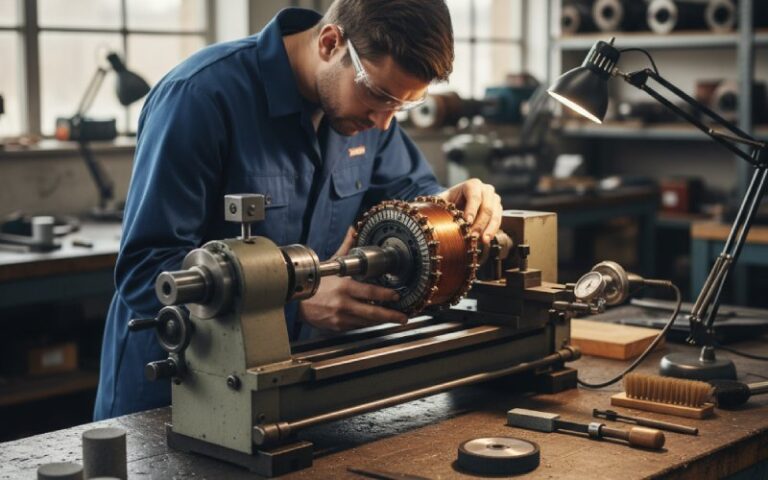 Technician setting up commutator lathe