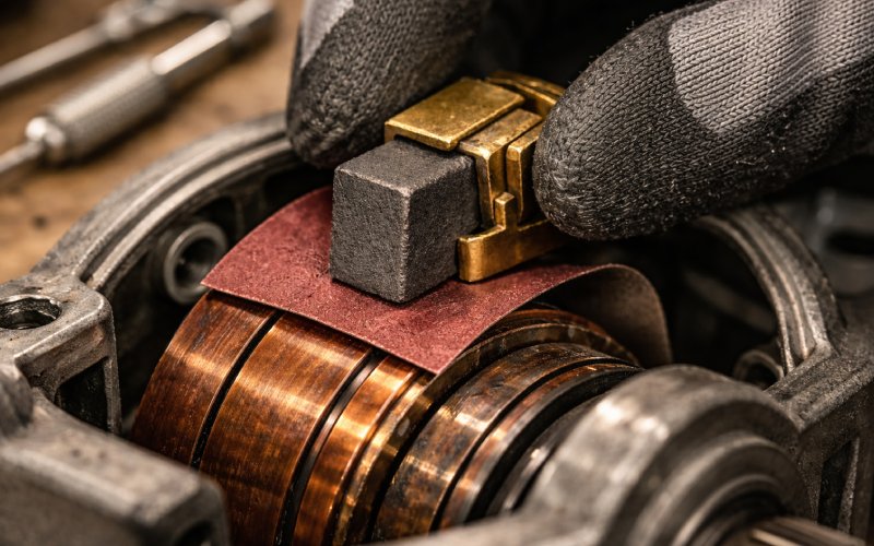 Technician using garnet paper to seat a new carbon brush on a motor