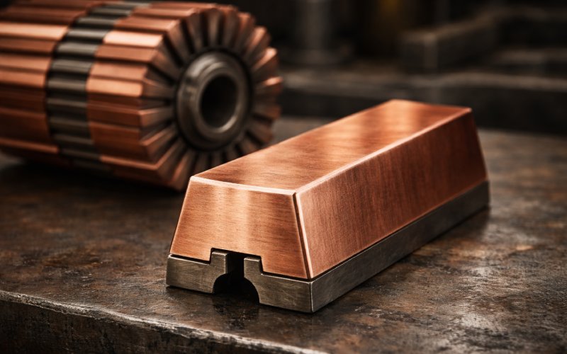 Wedge-shaped copper bar segment displaying geometric precision on a workbench