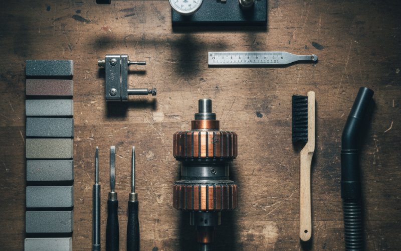 Workbench laid out with commutator tools
