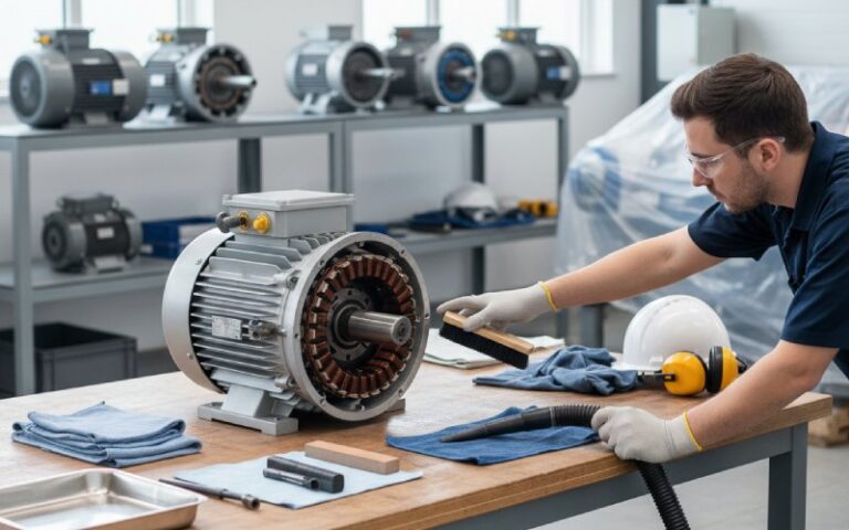 Atelier avec moteur électrique ouvert