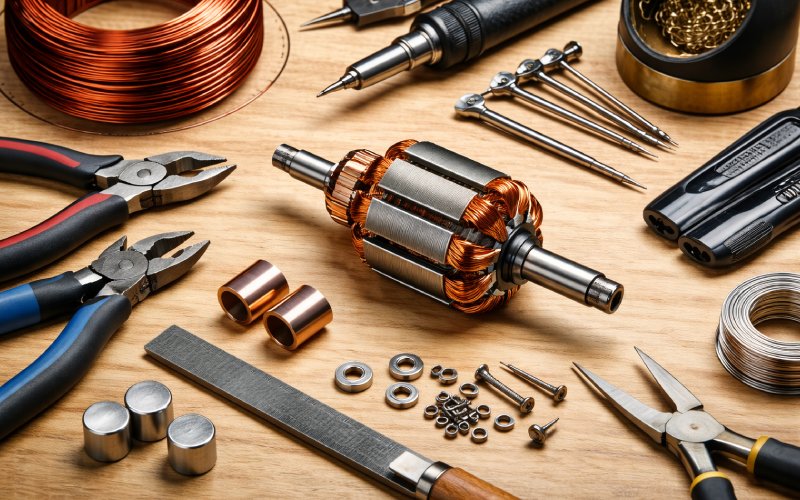 Worktable layout with copper wire, motor armature, and tools for a DIY build