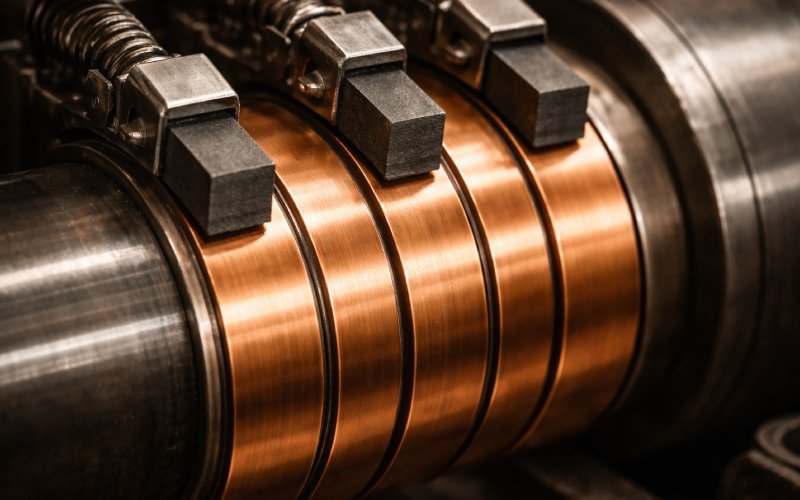continuous copper slip rings with carbon brushes making contact