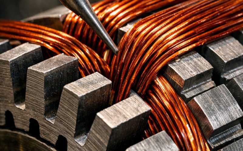 copper wires being wound into the steel slots of an armature
