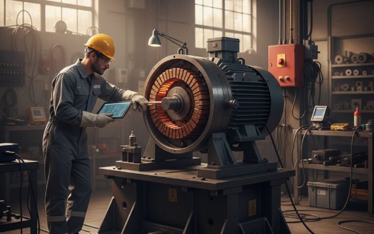 engineer inspecting dc motor commutator