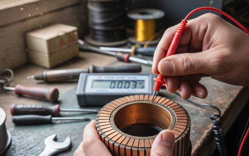 hands testing commutator bar resistance