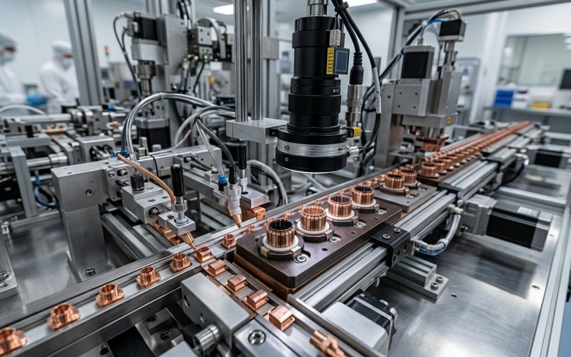 Nahaufnahme von kleinen Kommutatorbauteilen bei der Präzisionsfertigung und -prüfung