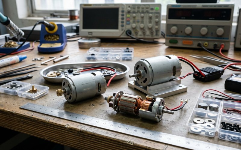 Kompakte bürstenbehaftete Motorbaugruppen mit sichtbaren Kommutatordetails in einer technischen Umgebung